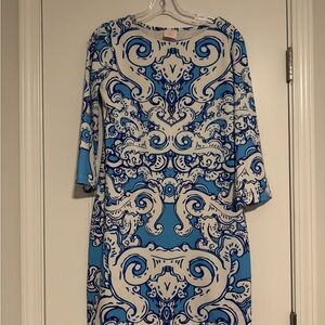 Aris Blue and White Baroque Long Sleeve Dress